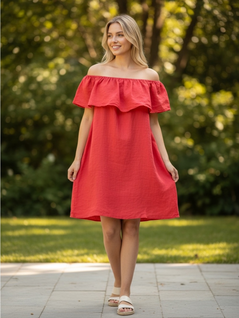 C&A Coral Red Linen Off Shoulder Ruffle Dress EU 38 / Medium with Pockets